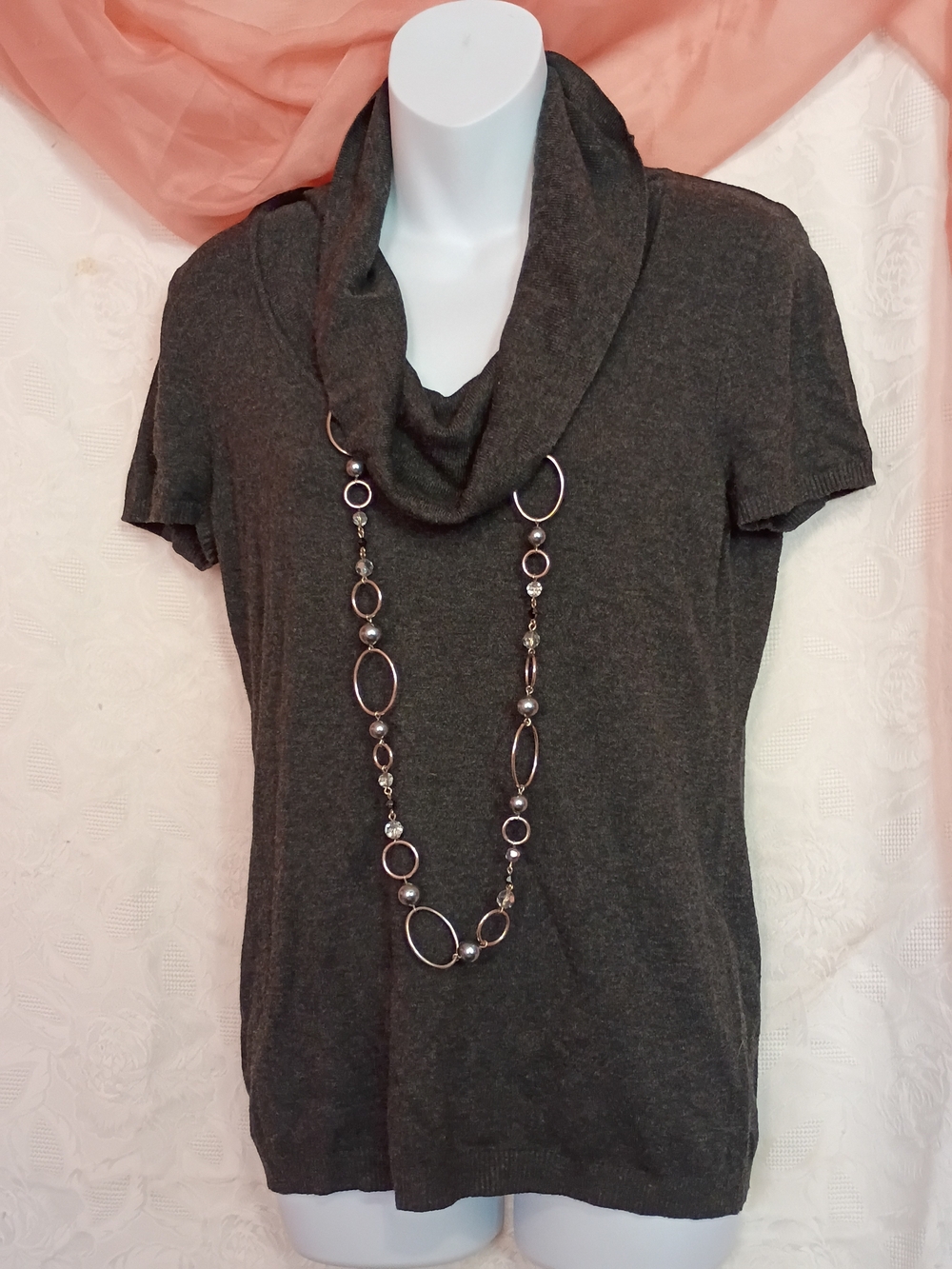 Alfani Ladies Dark Gray Cowl Neck Short Sleeve Sweater Sz M